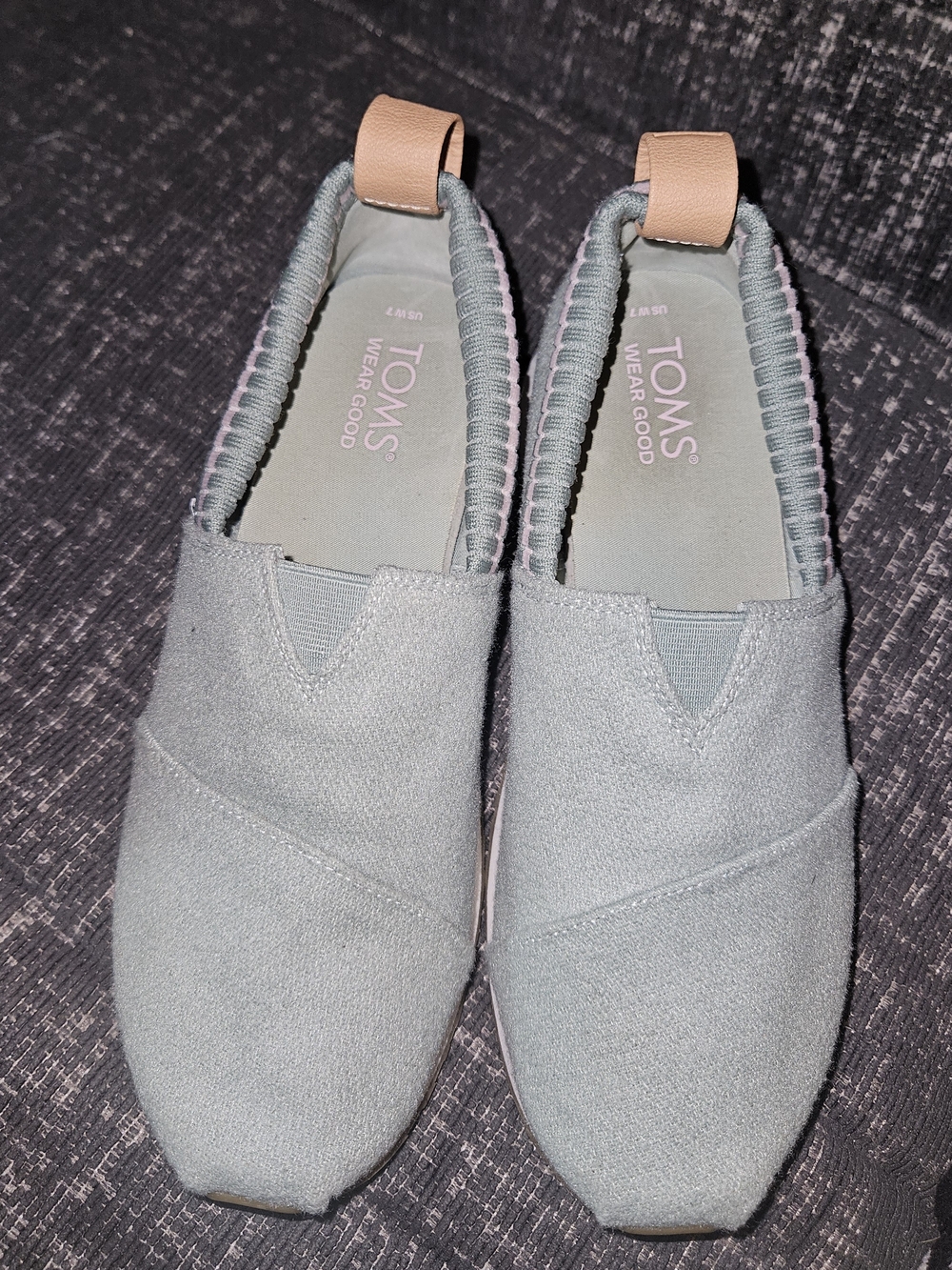 TOMS Women's Slip-On Loafers in Light Gray/Green with Tan Heel Tabs